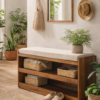 Wooden hallway storage bench with cushioned seat styled in a light, plant-filled entryway