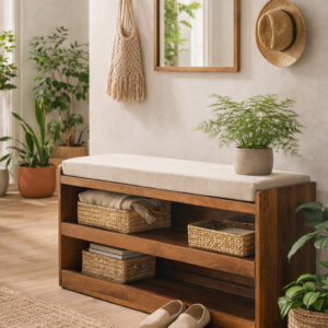 Wooden hallway storage bench with cushioned seat styled in a light, plant-filled entryway
