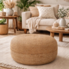 Round woven jute pouf styled in a boho living room with natural textures and plants