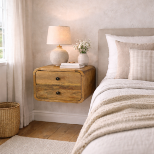 Floating solid mango wood bedside table with two curved drawers mounted on a cottage bedroom wall beside a bed, styled with neutral bedding, a ceramic lamp, and exposed wooden ceiling beams.