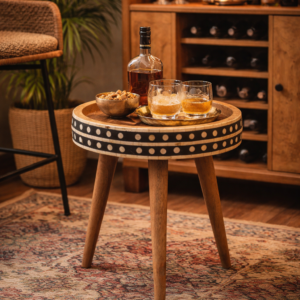 Round mango wood side table with black and white bone inlay detailing, styled in a home bar setting on an Indian-patterned rug, topped with whisky glasses, a bottle, and bar accessories.