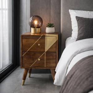 Modern mango wood bedside table with geometric brass inlay and tapered legs, styled beside a contemporary bed in a sleek modern bedroom with a glass lamp and minimalist décor.