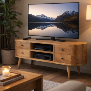 Mid-century style solid mango wood entertainment unit in a modern living room, featuring a flat-screen TV on top, Nordic legs, curved edges, and open shelves holding media electronics.