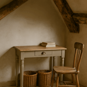 Hand-painted writing desk styled in a rustic country cottage reading nook with exposed wooden beams, wicker baskets, vintage wooden chair and soft natural light.
