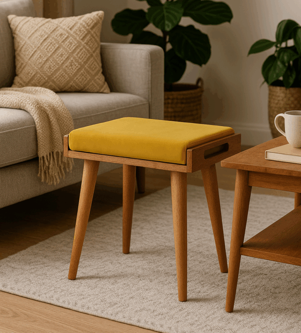 mustard yellow try style footstool in living room