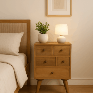 Nordic-style bedside cabinet with four drawers placed in a cozy guest bedroom, styled with a white vase, green plant, lamp, and neutral bedding.