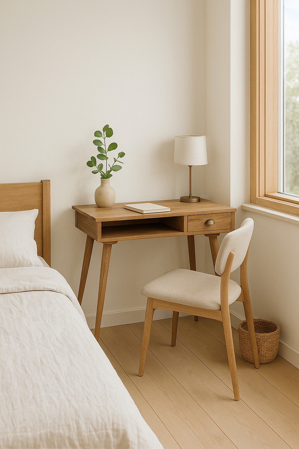 Scandinavian bedroom corner with a wooden Nordic writing desk beside a window, styled with a lamp, plant, and chair next to a minimalist bed.