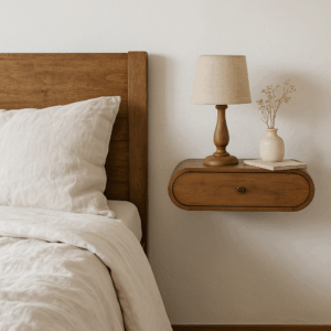 Floating chestnut wall-mounted bedside table next to a wooden bed, styled with a lamp, book, and small vase in a cozy neutral bedroom.