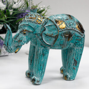 Alternative view of Hand Carved Wooden Elephant - Turquoise Gold