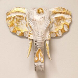 Alternative view of Hand-Carved Elephant Head - Gold & Whitewash