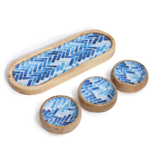 Alternative view of Mango Wood Tray & 3 Bowls - Blue Stripes
