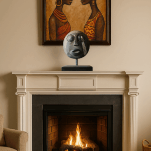 antique tribal mask on fireplace