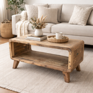 Rustic reclaimed wood coffee table with open shelf, styled with books, a white vase of dried flowers and a woven tray, set on a neutral rug in a bright, modern living room with a beige sofa and botanical wall art.