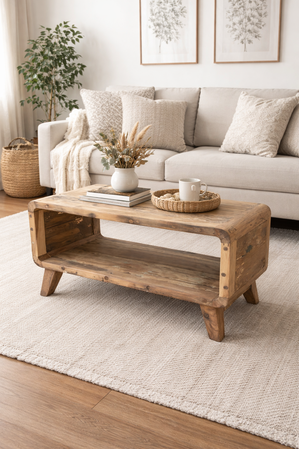 Rustic reclaimed wood coffee table with open shelf, styled with books, a white vase of dried flowers and a woven tray, set on a neutral rug in a bright, modern living room with a beige sofa and botanical wall art.