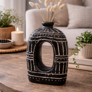 Black donut shaped ceramic vase with textured white detailing on a neutral background, featuring a modern circular design for contemporary home décor