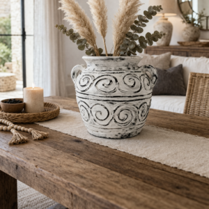 Cream swirl patterned ceramic vase with side handles styled on a rustic wooden coffee table with dried pampas grass in a warm neutral living room setting