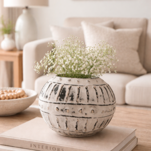 Round textured white ceramic vase with black etched detailing, styled on a wooden coffee table with delicate white flowers, set in a neutral modern living room with a beige sofa and soft ambient lighting.