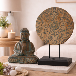 Feng shui Buddha statue and carved mandala disc decor displayed on a wooden console table in a calm, neutral living space, styled with soft lighting and minimalist surroundings for a serene, balanced atmosphere.