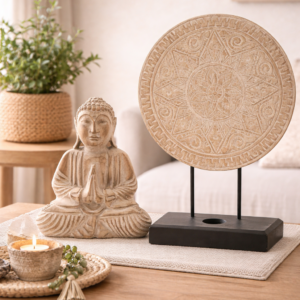 Neutral-toned Buddha statue with carved mandala disc displayed on a wooden table in a calm, minimalist living space, styled with soft lighting and natural décor for a peaceful atmosphere.