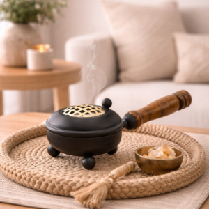 Black brass incense burner with wooden handle on a woven jute mat, with incense smoke rising, styled on a wooden coffee table in a soft neutral living room setting.