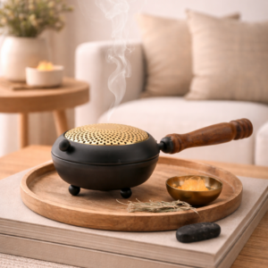 Black brass incense burner with wooden handle on a round tray, gently smoking, styled on a wooden coffee table with neutral decor in a calm, softly lit living room setting.