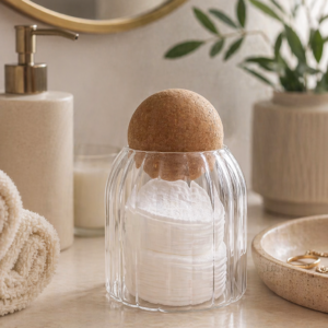 Ribbed glass storage jar with cork-style lid, filled with cotton pads, styled on a neutral bathroom countertop with soft towels and minimalist décor.