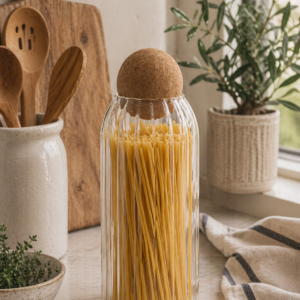 Tall ribbed glass storage jar with cork ball lid, styled on a light kitchen shelf with neutral décor and soft natural lighting.