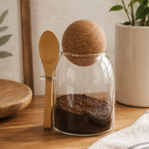 Glass storage jar with cork ball lid and bamboo spoon, styled on a neutral kitchen countertop with soft natural lighting and minimalist décor.