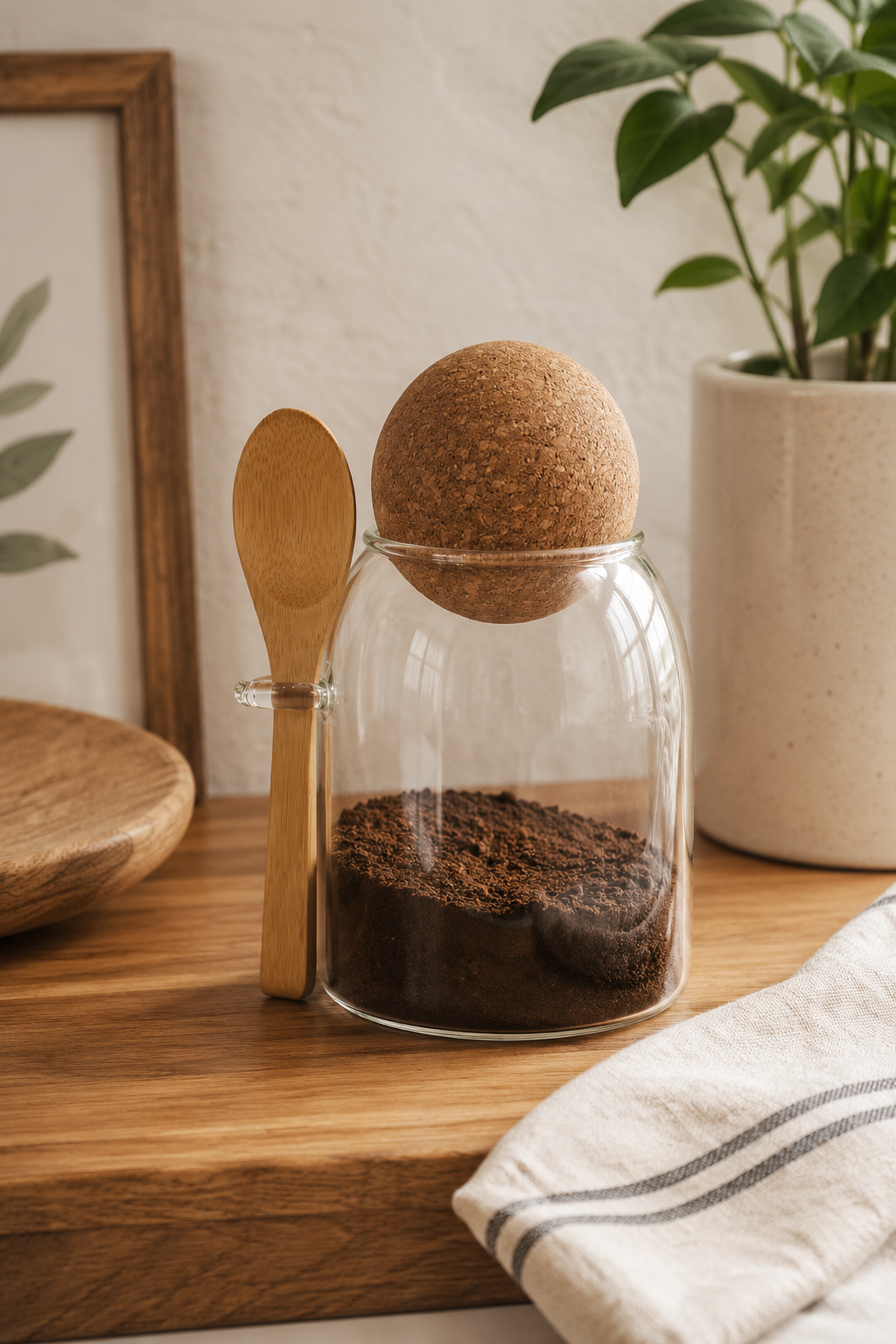 Glass storage jar with cork ball lid and bamboo spoon, styled on a neutral kitchen countertop with soft natural lighting and minimalist décor.