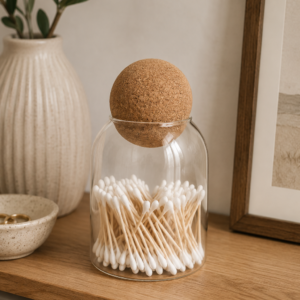 Clear glass storage jar with cork ball lid, styled on a light wooden bathroom shelf with neatly arranged toiletries and soft neutral décor.