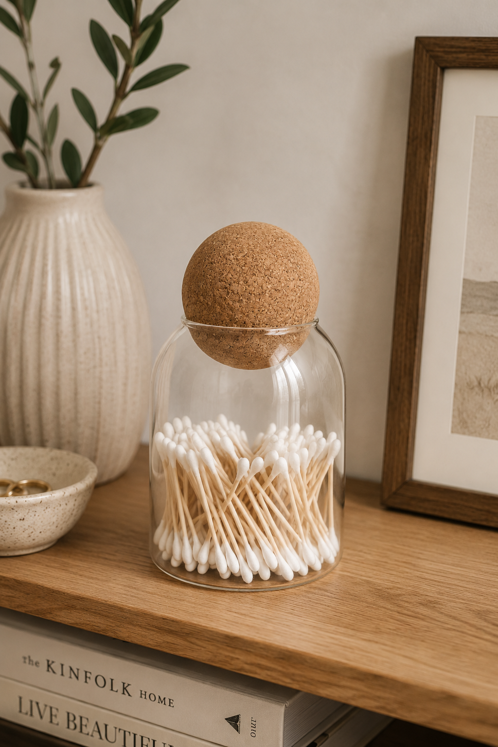 Clear glass storage jar with cork ball lid, styled on a light wooden bathroom shelf with neatly arranged toiletries and soft neutral décor.