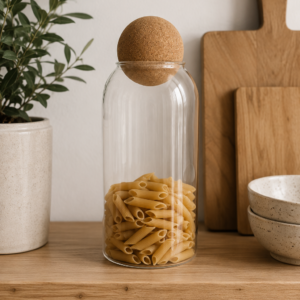 Glass storage jar with cork ball lid, filled with pasta, styled on a wooden kitchen shelf with neutral décor, soft natural lighting, and a clean minimalist aesthetic.