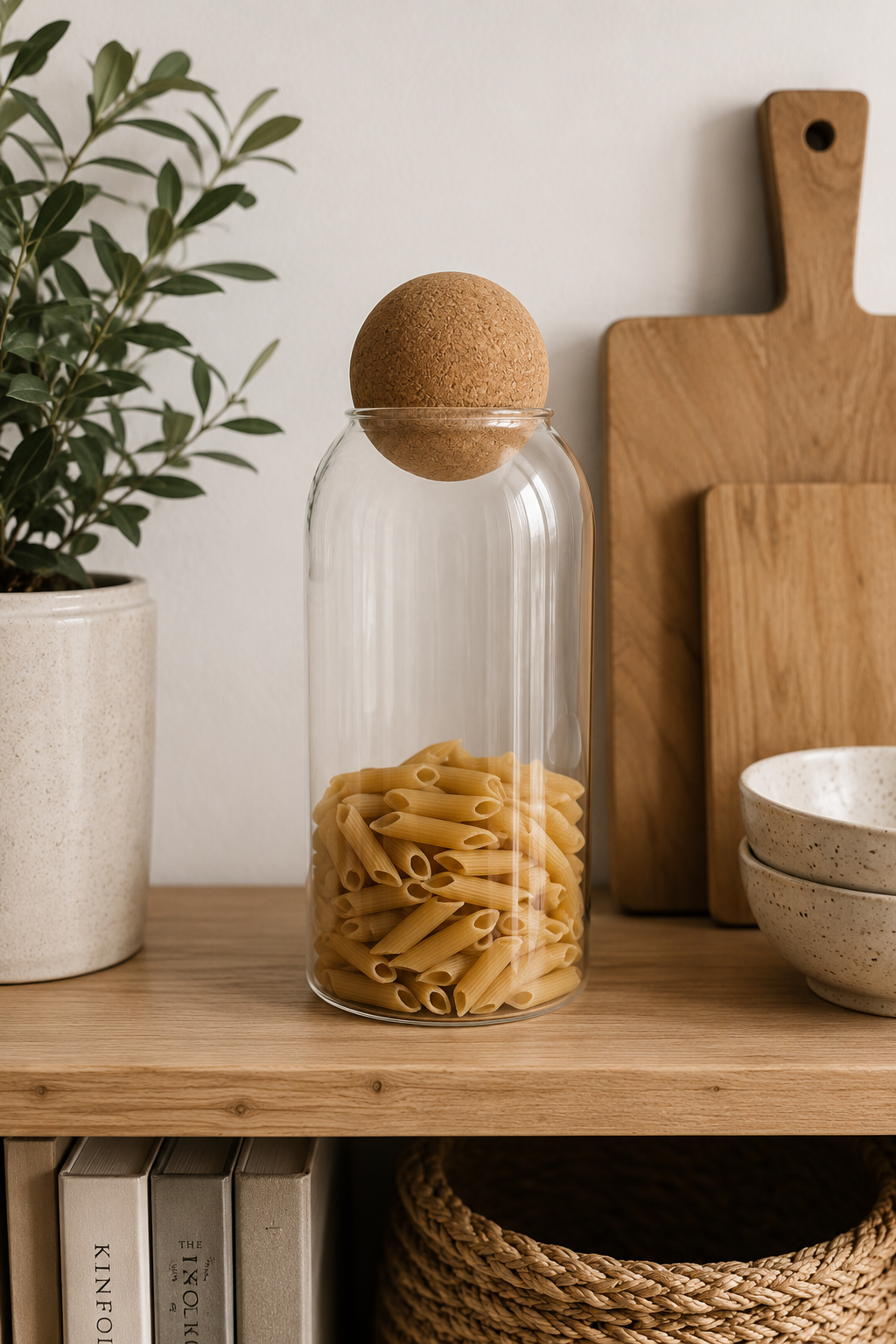 Glass storage jar with cork ball lid, filled with pasta, styled on a wooden kitchen shelf with neutral décor, soft natural lighting, and a clean minimalist aesthetic.