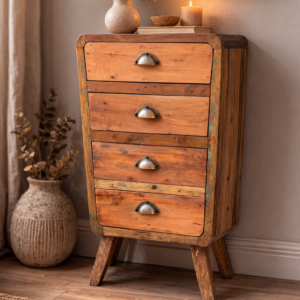 Rustic reclaimed wood four-drawer chest with metal cup handles, styled against a neutral wall with pampas grass, books and a lit candle in a warm, cosy interior setting.