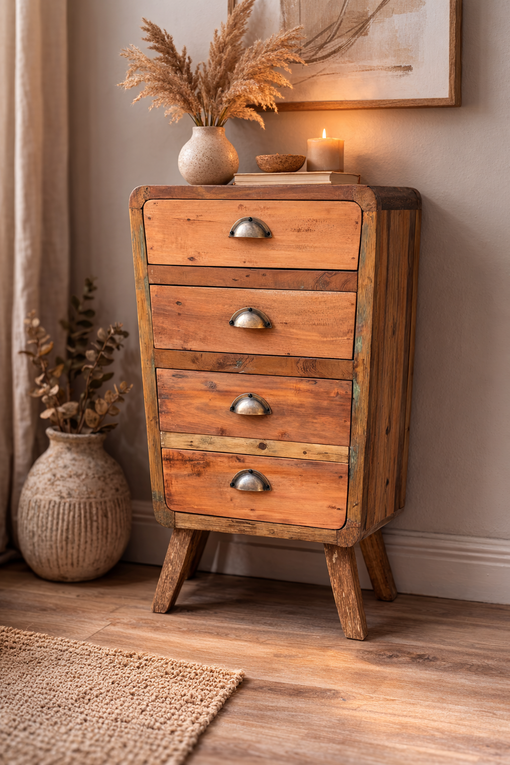Rustic reclaimed wood four-drawer chest with metal cup handles, styled against a neutral wall with pampas grass, books and a lit candle in a warm, cosy interior setting.