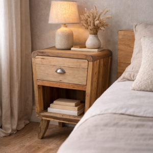 Rustic reclaimed wood bedside table with drawer and open shelf, styled beside a bed with a ceramic lamp and dried flowers in a warm, neutral bedroom setting.