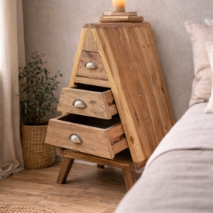 Rustic triangular reclaimed wood bedside table with three drawers, styled in a cosy bedroom corner against a neutral wall with soft lighting and natural décor.