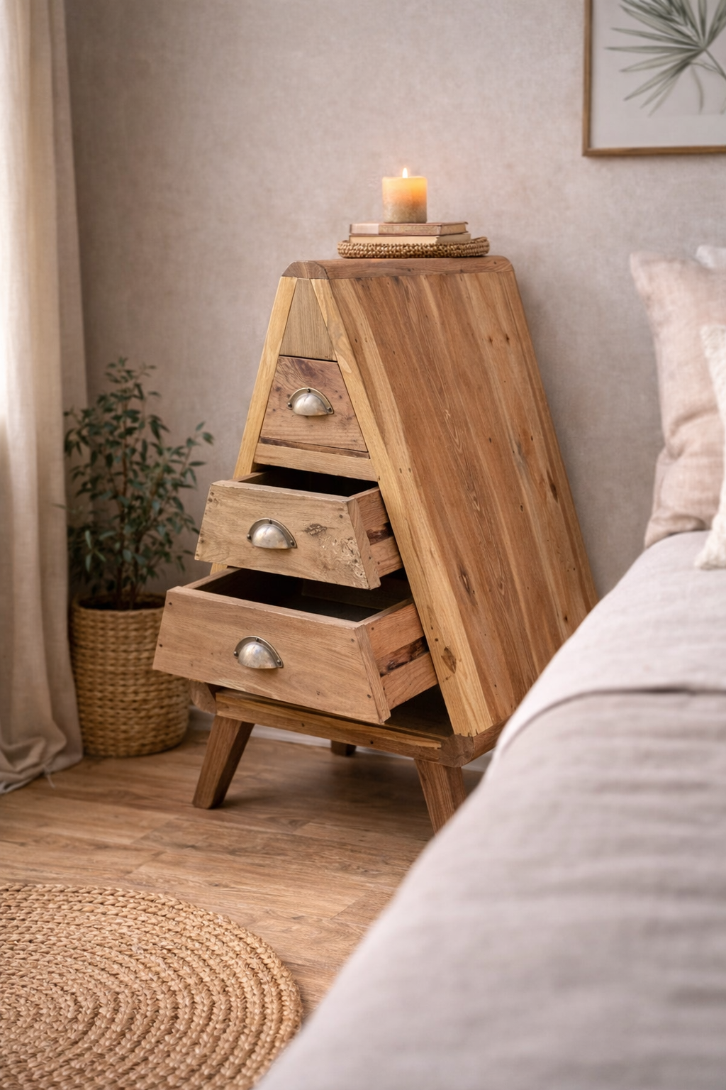Rustic triangular reclaimed wood bedside table with three drawers, styled in a cosy bedroom corner against a neutral wall with soft lighting and natural décor.
