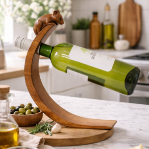 Wooden balancing wine holder with hand-carved mouse detail, holding a white wine bottle on a kitchen countertop with natural light, fresh herbs, olives, and rustic kitchen décor.