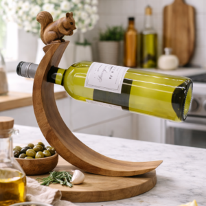Hand-carved wooden squirrel balancing wine holder displayed on a kitchen countertop, holding a wine bottle in perfect balance within a warm, natural kitchen setting.