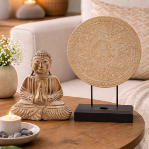 Hand-carved wooden Buddha statue and decorative carved mandala disc displayed together in a calm, neutral living room setting, styled as a serene spiritual home décor vignette.