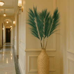 green rayung grass in basket in hallway setting
