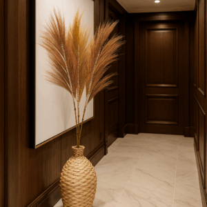 coral rayung grass in basket in hallway