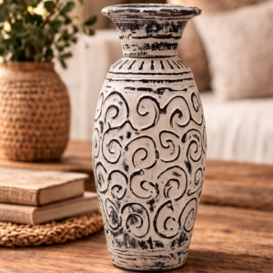 Distressed white ceramic decorative vase with black swirl pattern, styled on a wooden table with books, candle and greenery in a warm, cosy living room setting.