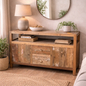Rustic reclaimed wood TV unit with shelves, drawers and cupboard doors, styled against a neutral wall with a mirror, lamp and plants in a warm, natural living room setting.