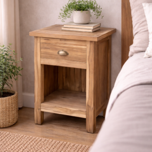Rustic reclaimed wood bedside table with drawer and open shelf, styled beside a bed with books and a small plant in a warm, neutral bedroom setting.