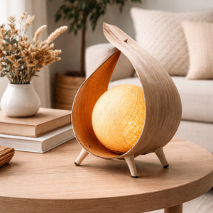 Teardrop-shaped bamboo table lamp with woven rattan globe light, glowing warmly on a wooden side table in a neutral, cosy living room setting.
