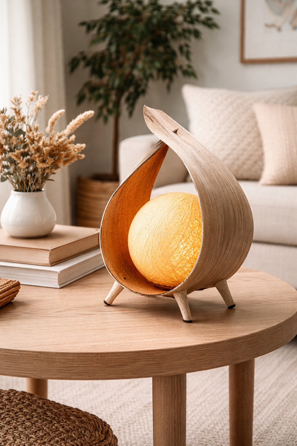 Teardrop-shaped bamboo table lamp with woven rattan globe light, glowing warmly on a wooden side table in a neutral, cosy living room setting.