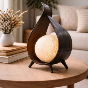 Dark wood teardrop table lamp with woven globe light, softly glowing on a wooden side table in a neutral, cosy living room setting.