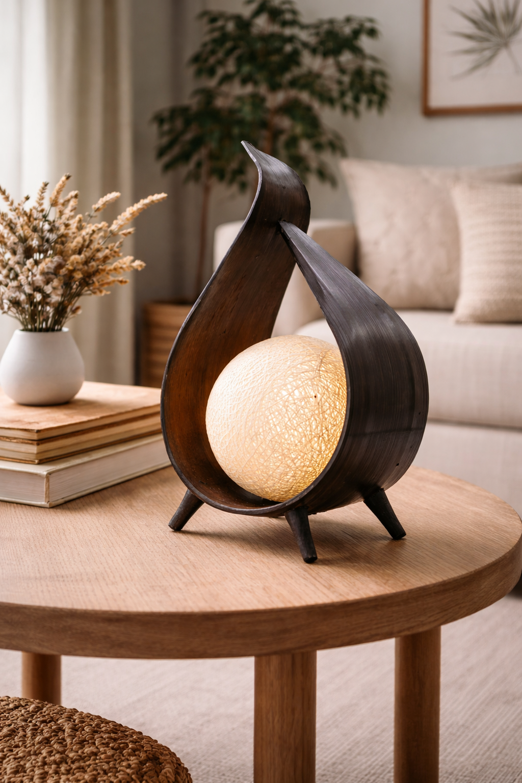 Dark wood teardrop table lamp with woven globe light, softly glowing on a wooden side table in a neutral, cosy living room setting.